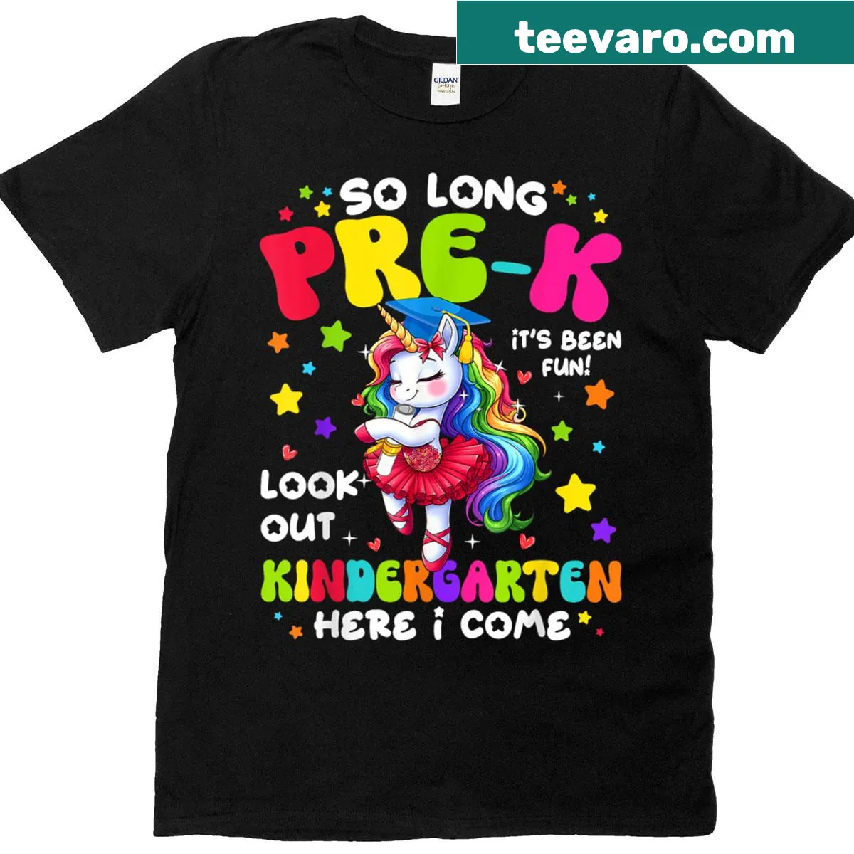Pre-k graduation shirt with unicorn design and 'Kindergarten Here I Come' text — on a men's t-shirt
