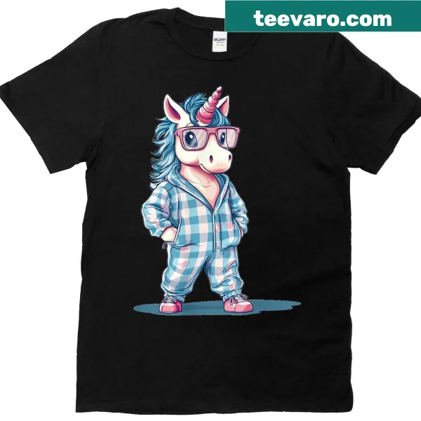 Cute t-shirt featuring a unicorn in pajamas and sunglasses