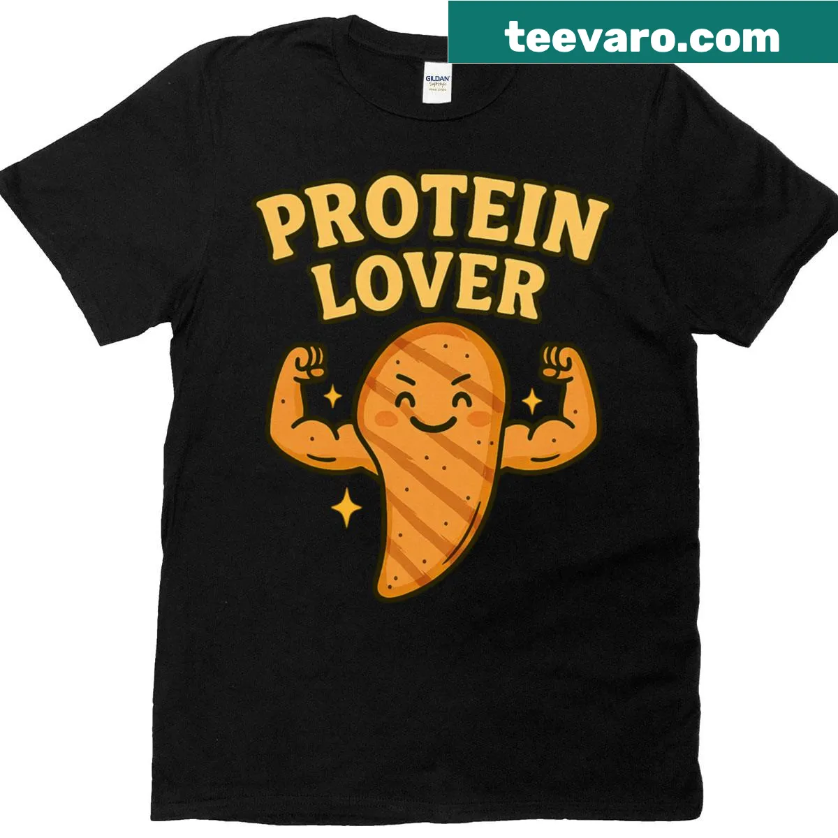 Funny protein lover egg gym workout t-shirt — on a men's t-shirt