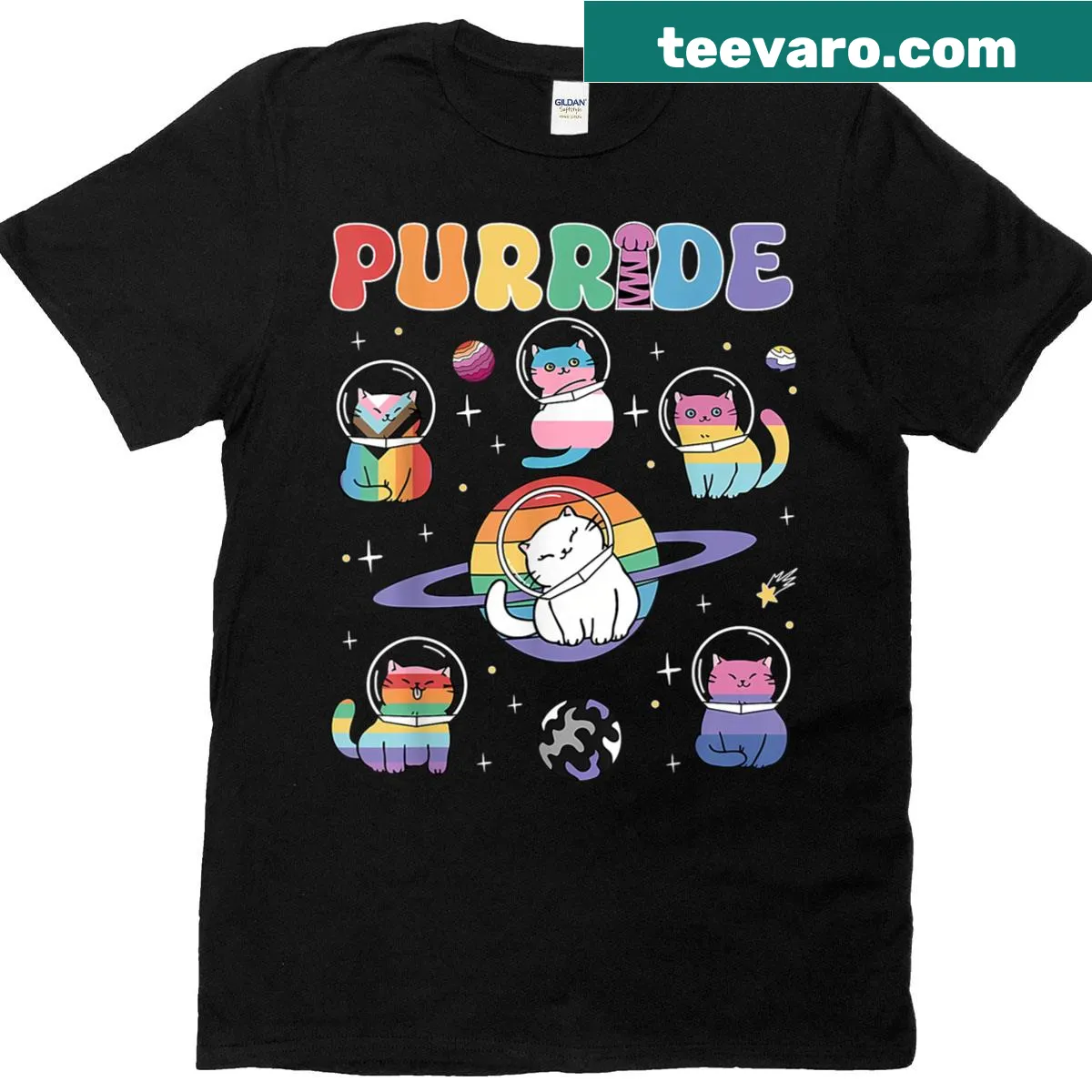 Astronaut kitten graphic with rainbow colors on a t-shirt — on a men's t-shirt