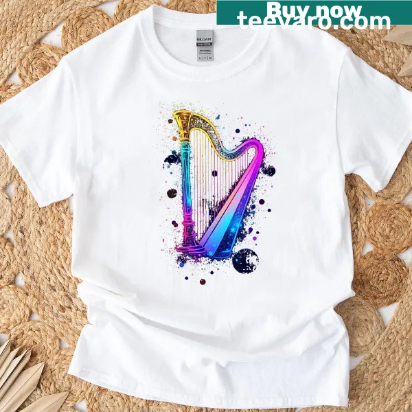 Abstract harp art t-shirt with rainbow design