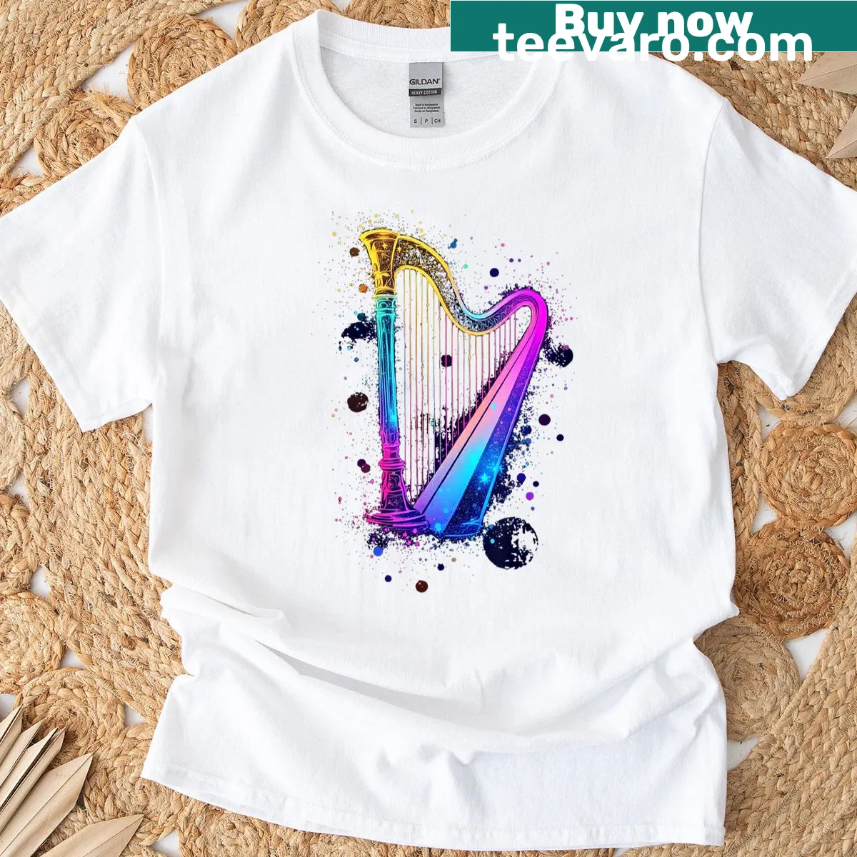 Abstract harp art t-shirt with rainbow design — on a men's t-shirt