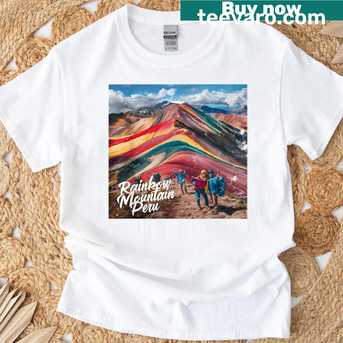 Illustrated Rainbow Mountain hiking scene t-shirt — on a men's t-shirt