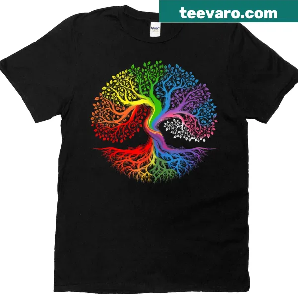 Illustrated rainbow tree of life with LGBTQ pride colors