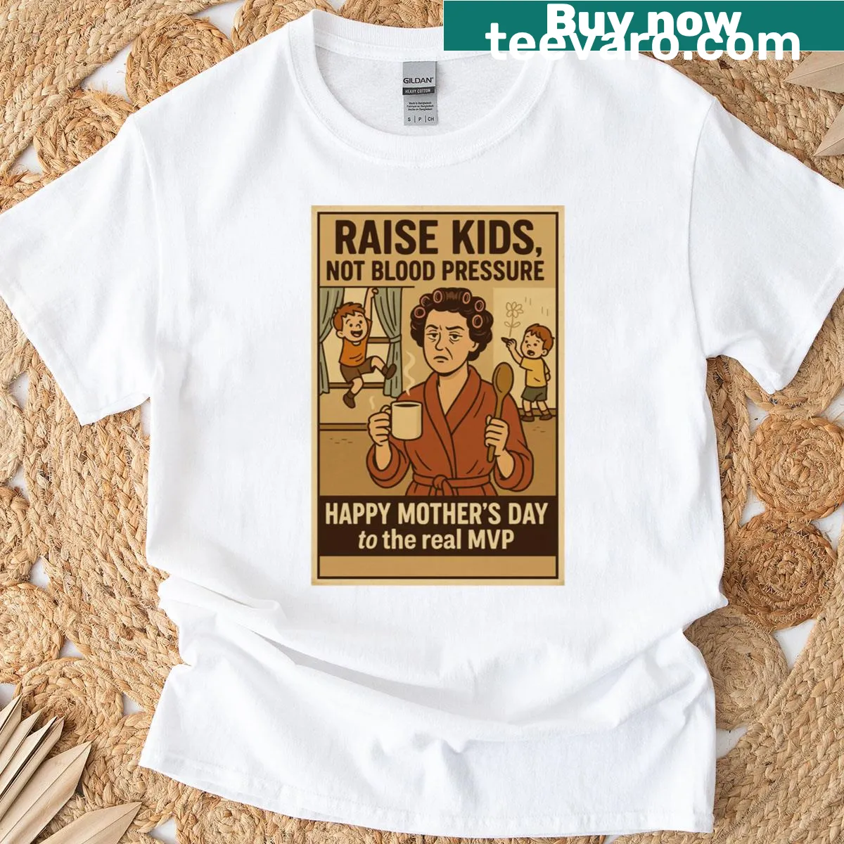 Funny t-shirt for moms with 'Raise Kids Not Blood Pressure' text — on a men's t-shirt