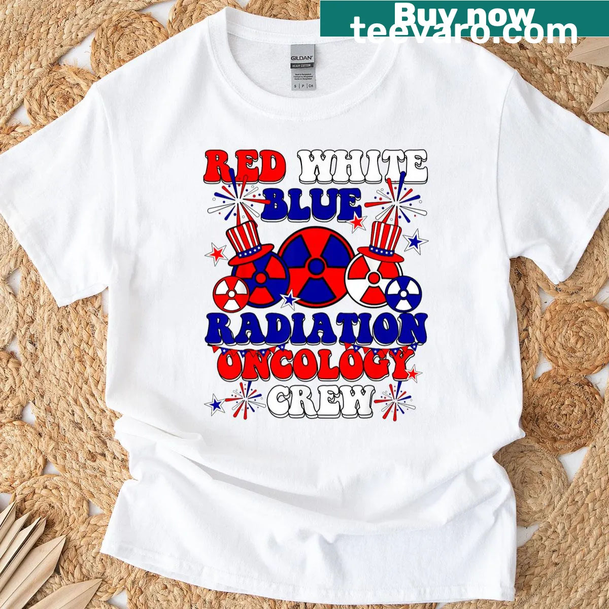 T-shirt honoring Radiation Oncology Crew with patriotic theme — on a men's t-shirt