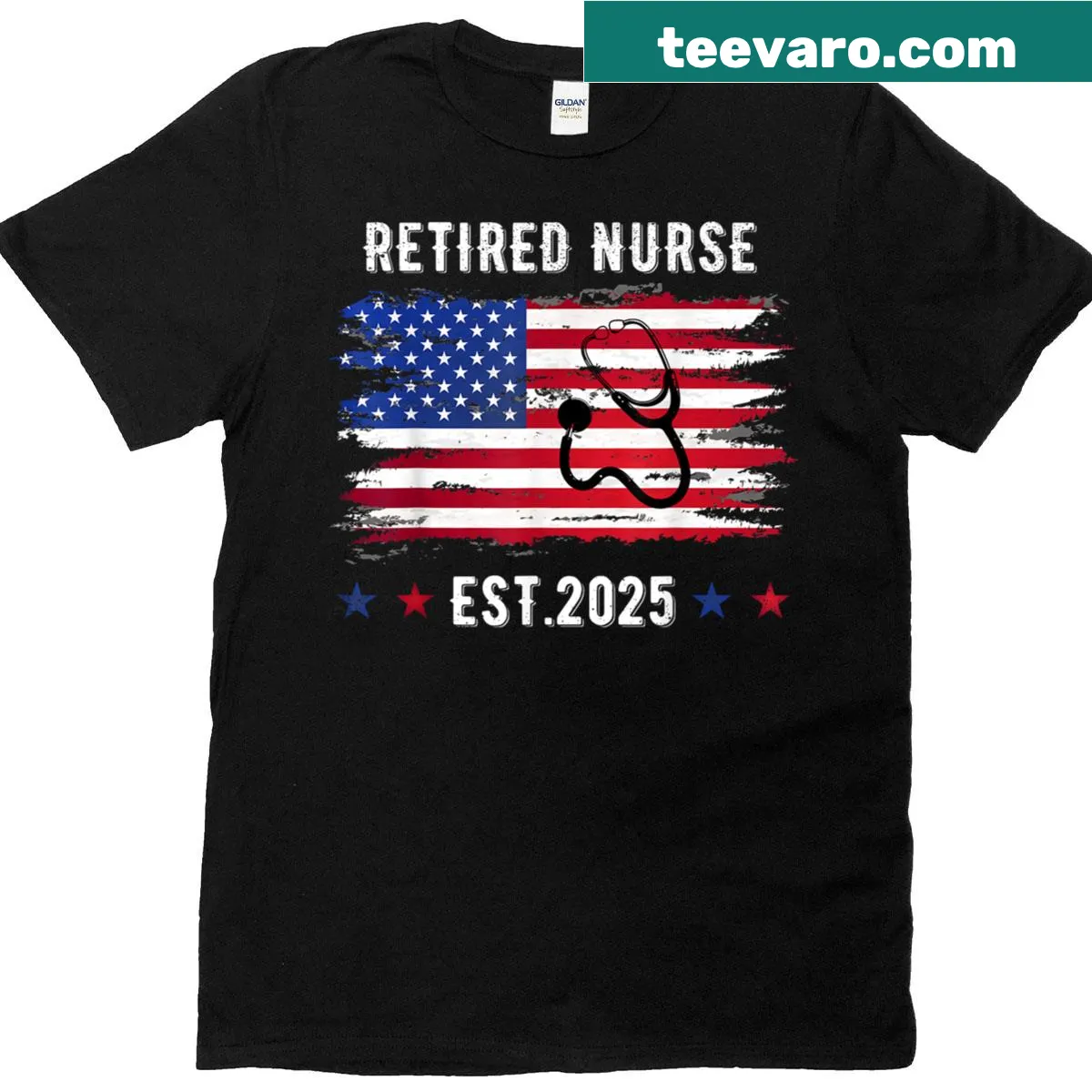 Retirement T-shirt for nurses featuring American Nurse emblem and flag — on a men's t-shirt