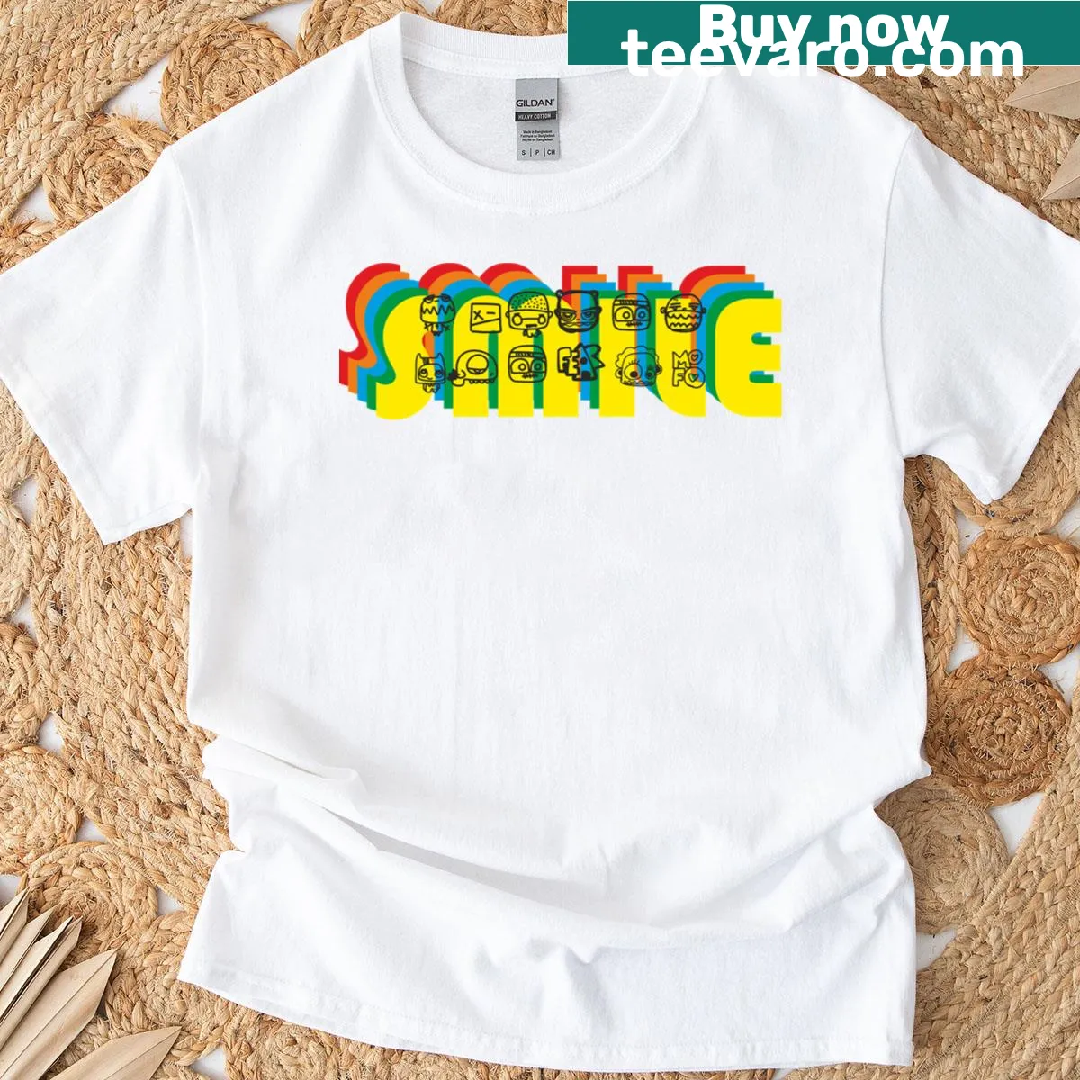 Pop art style T-shirt featuring retro graffiti faces and bold text — on a men's t-shirt
