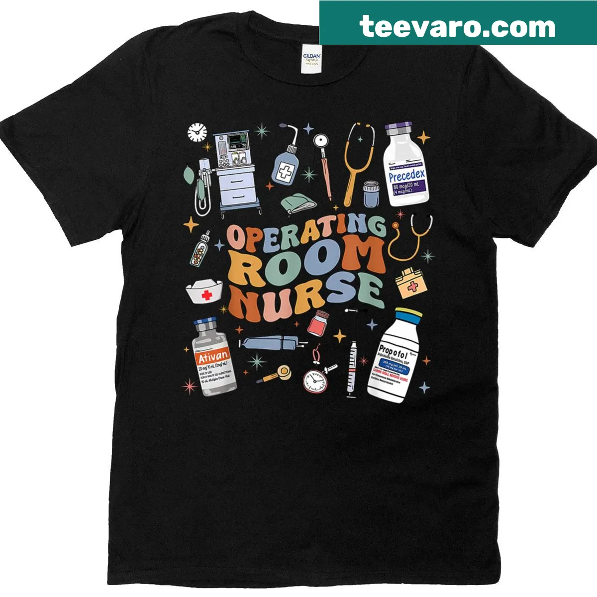 Retro t-shirt for nurses with a groovy operating room graphic — on a men's t-shirt