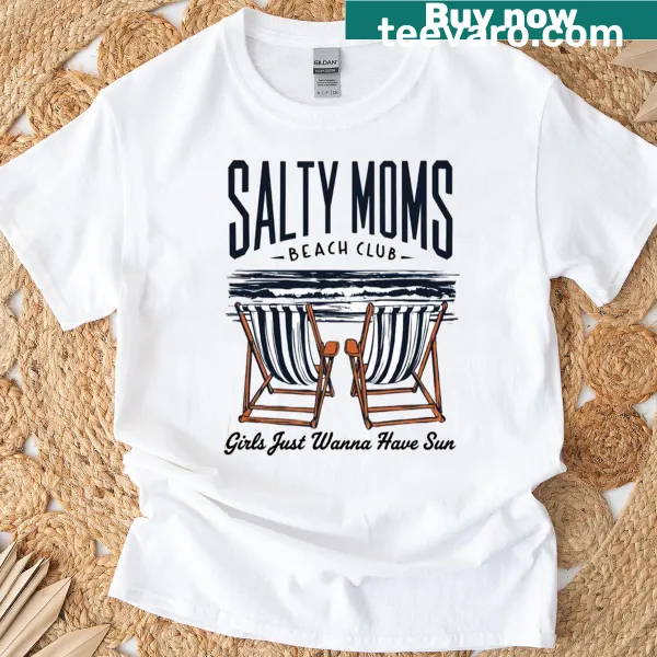 Fun t-shirt featuring a playful graphic of 'Salty Moms Beach Club.'