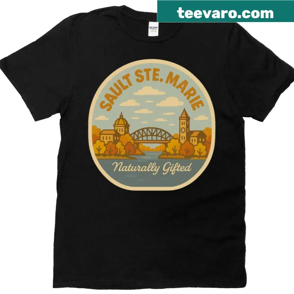 Illustrated skyline of Sault Ste Marie with nature elements