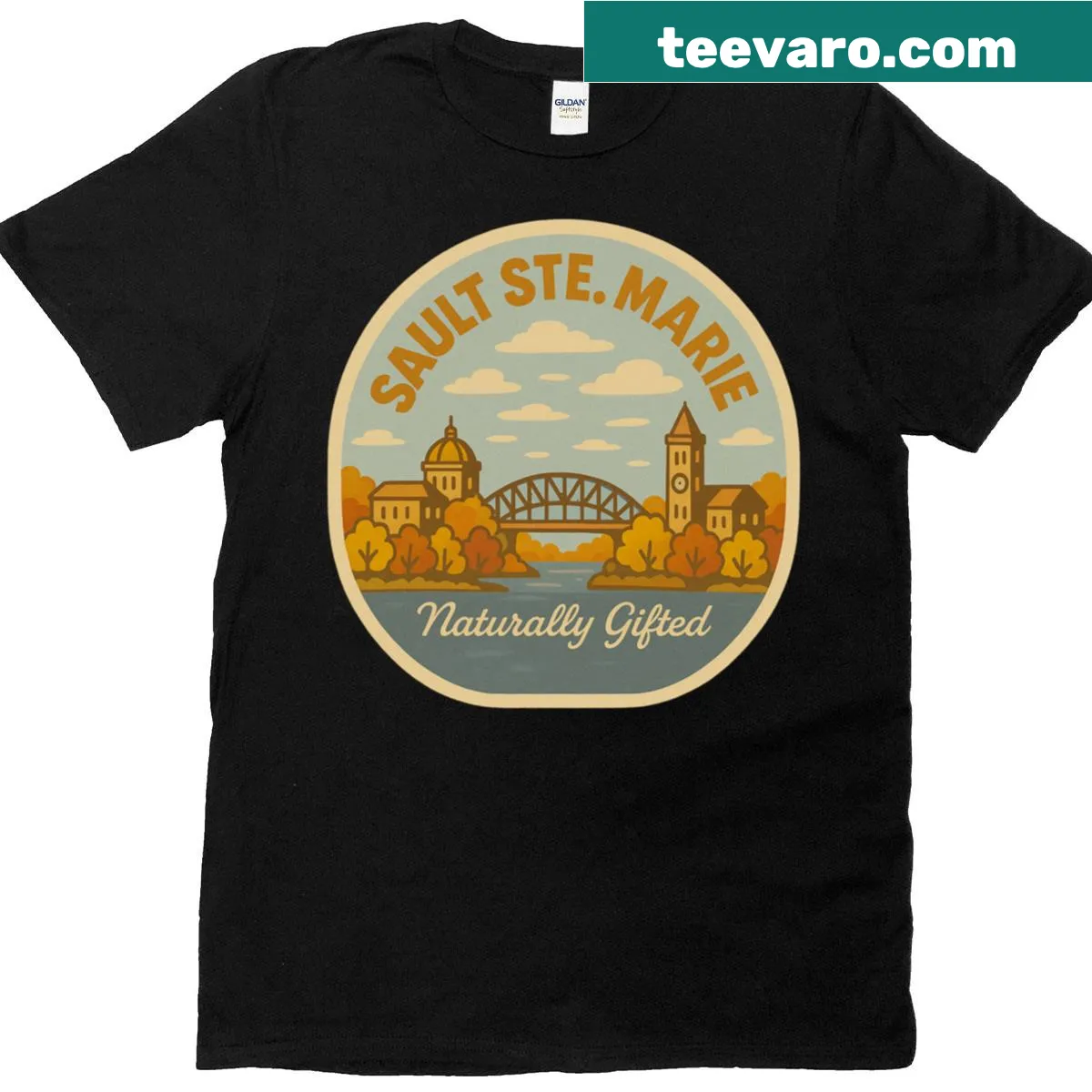 Illustrated skyline of Sault Ste Marie with nature elements — on a men's t-shirt