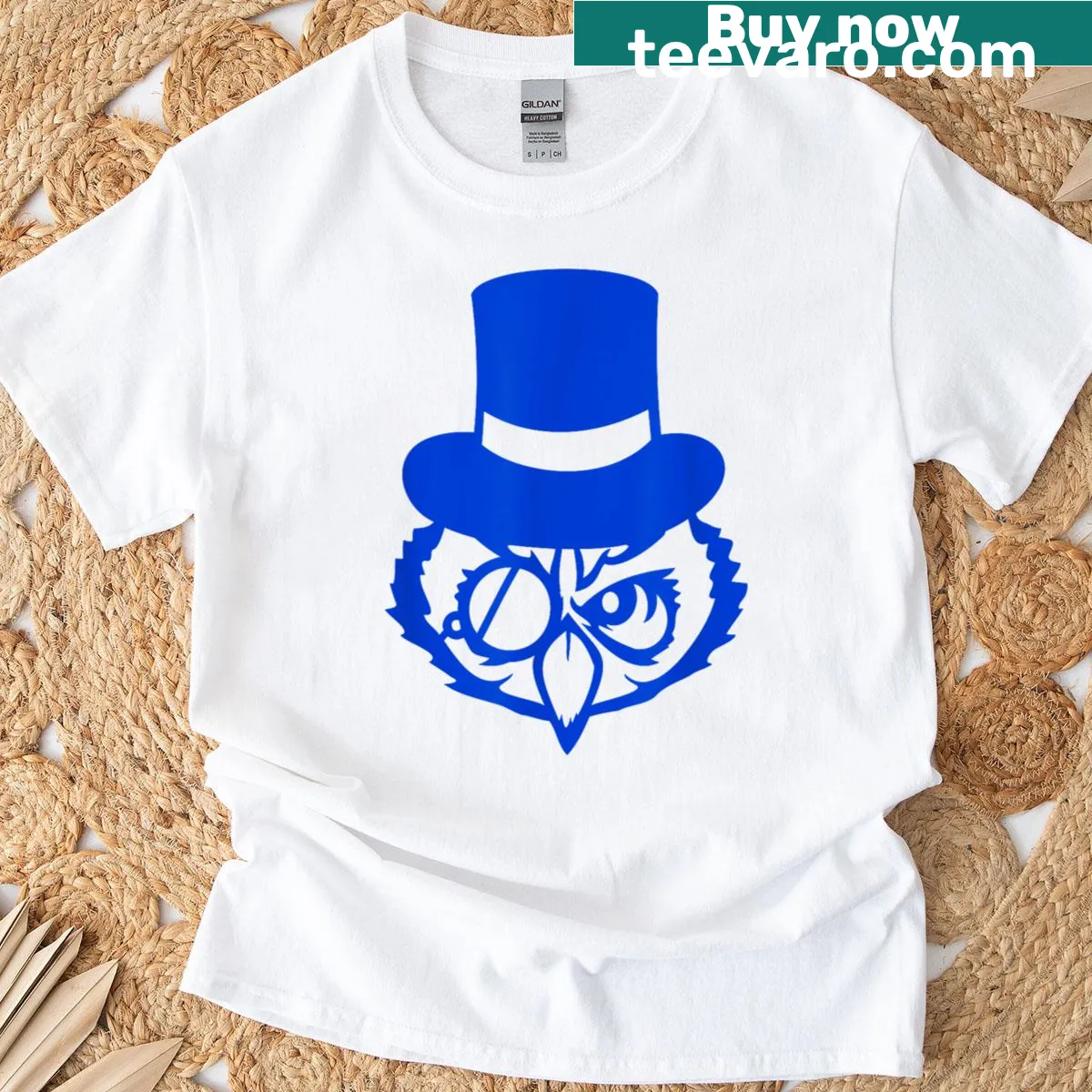Cartoon T-shirt featuring a classy owl with a top hat and monocle — on a men's t-shirt