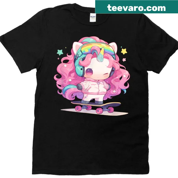 Kawaii skater unicorn illustration on a t-shirt