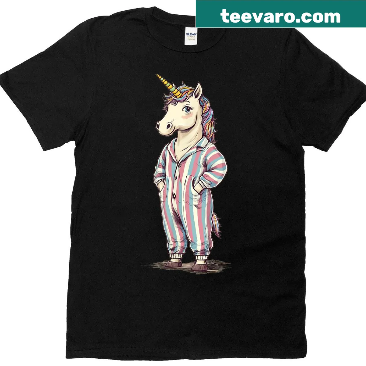 Cute t-shirt with a sleepy unicorn in pajamas — on a men's t-shirt