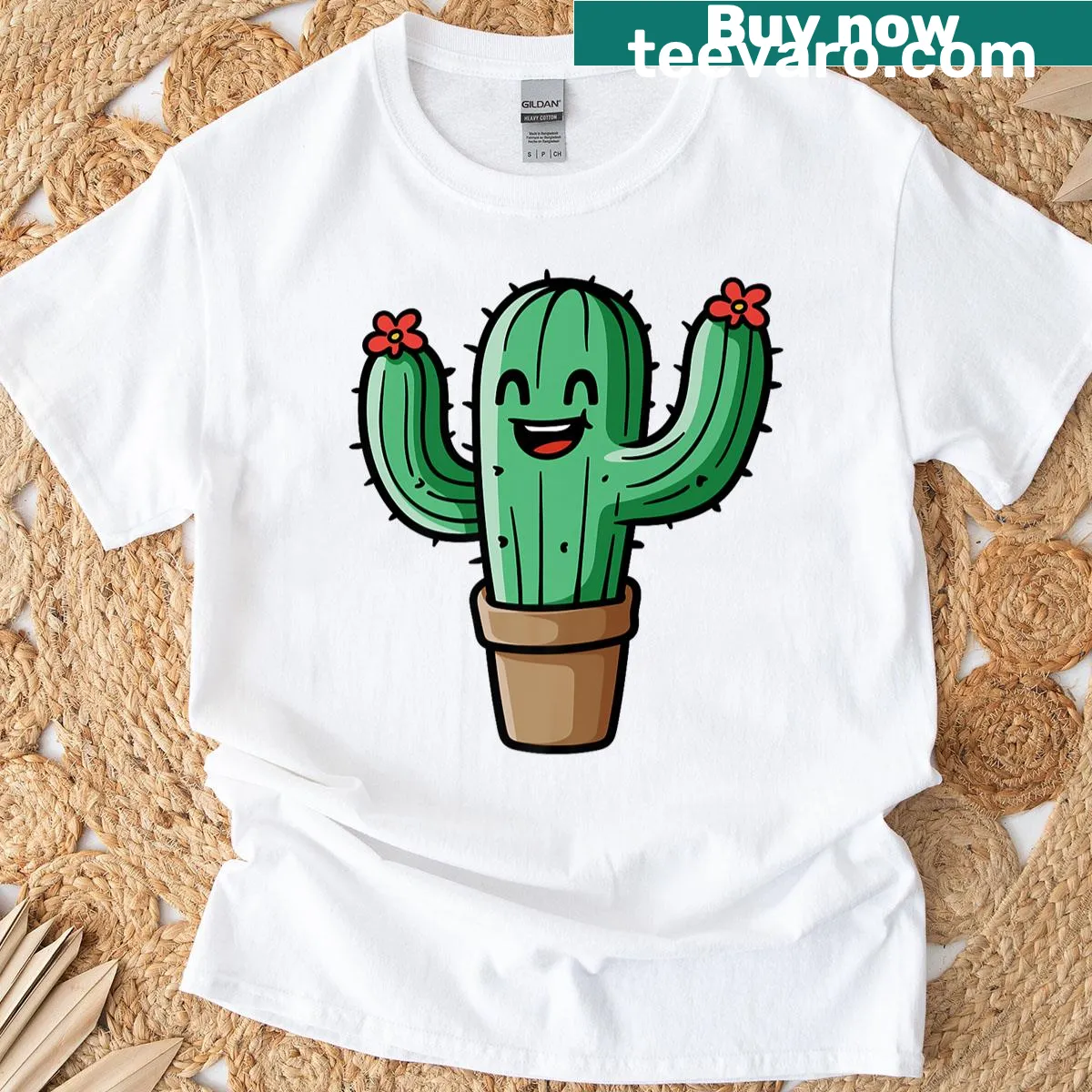 Cartoon cactus character with a smile on a t-shirt — on a men's t-shirt
