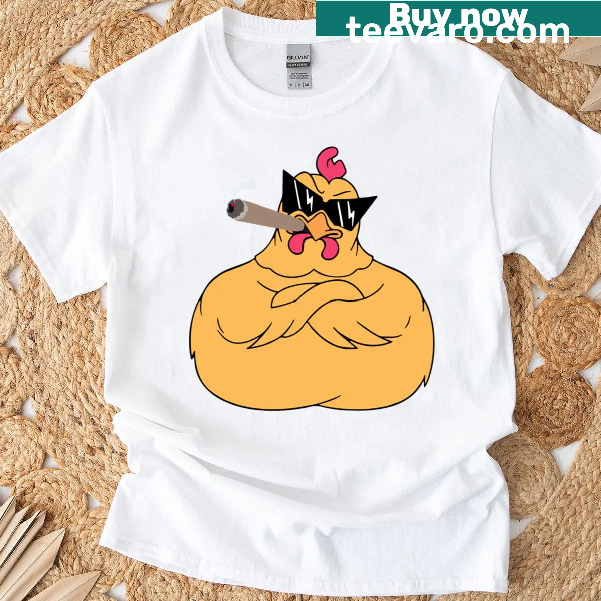Humorous Smoking Chicken t-shirt with graphic of a chicken and smoke — on a men's t-shirt