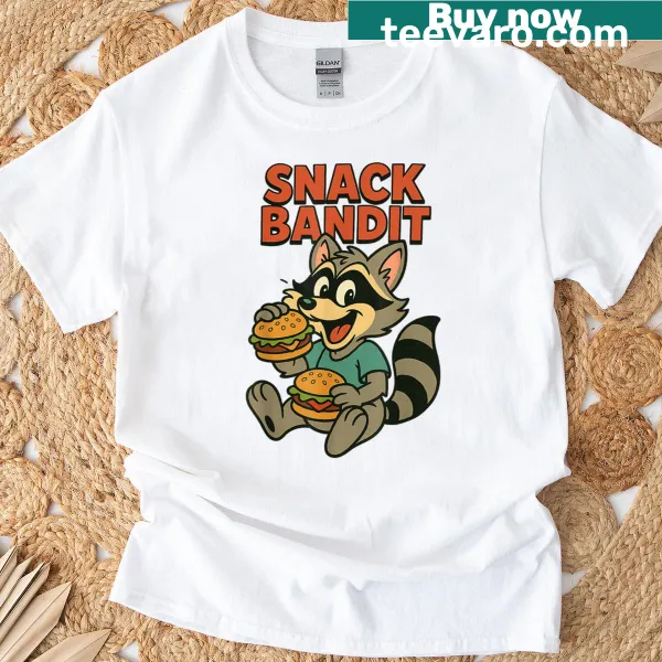 Retro cartoon raccoon eating burgers graphic t-shirt