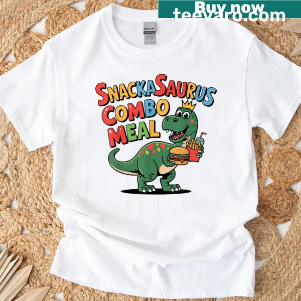 Funny cartoon T-shirt with a dinosaur eating a combo meal