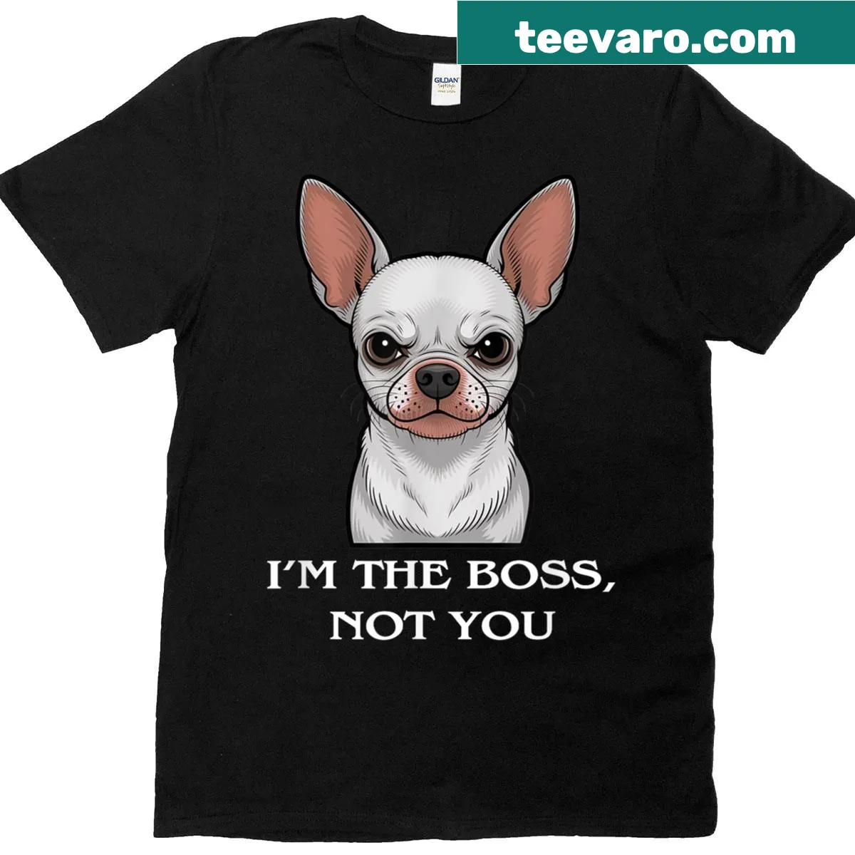 Cartoon chihuahua with a snarling expression, funny boss dog design — on a men's t-shirt