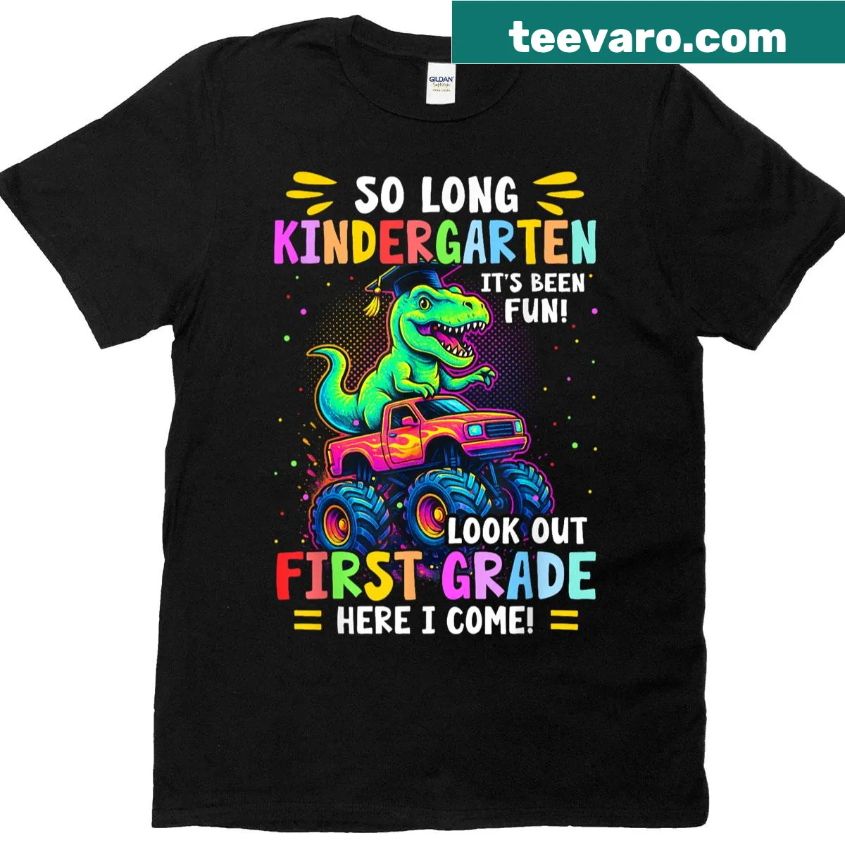 T-shirt with a monster truck dinosaur celebrating kindergarten graduation — on a men's t-shirt