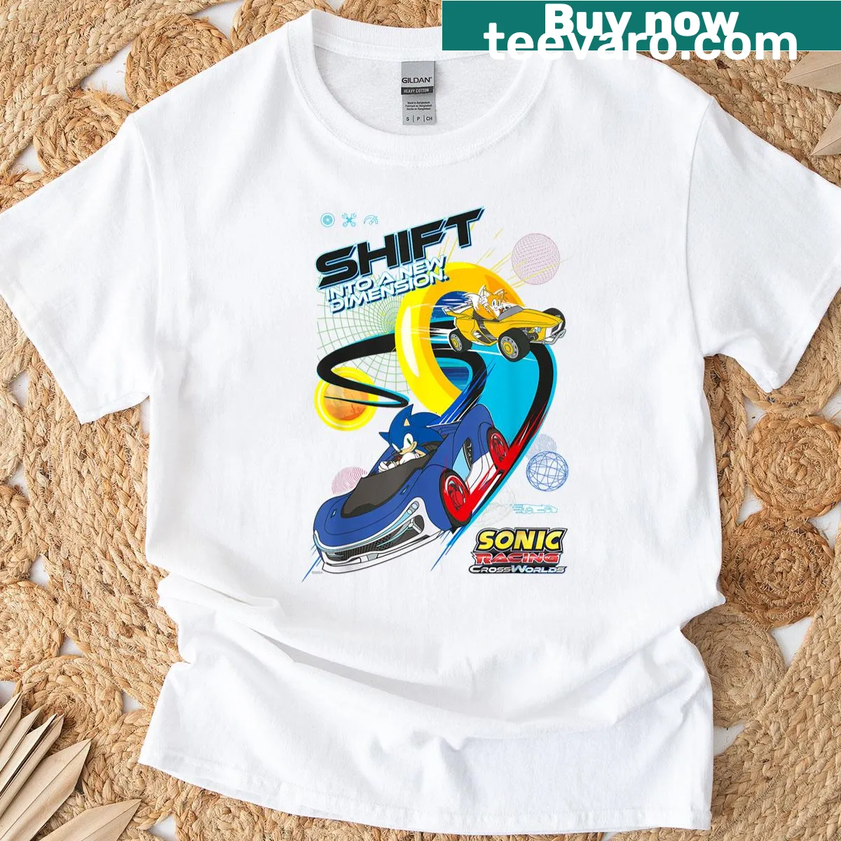 Sonic Racing t-shirt featuring Sonic in an action-packed design — on a men's t-shirt