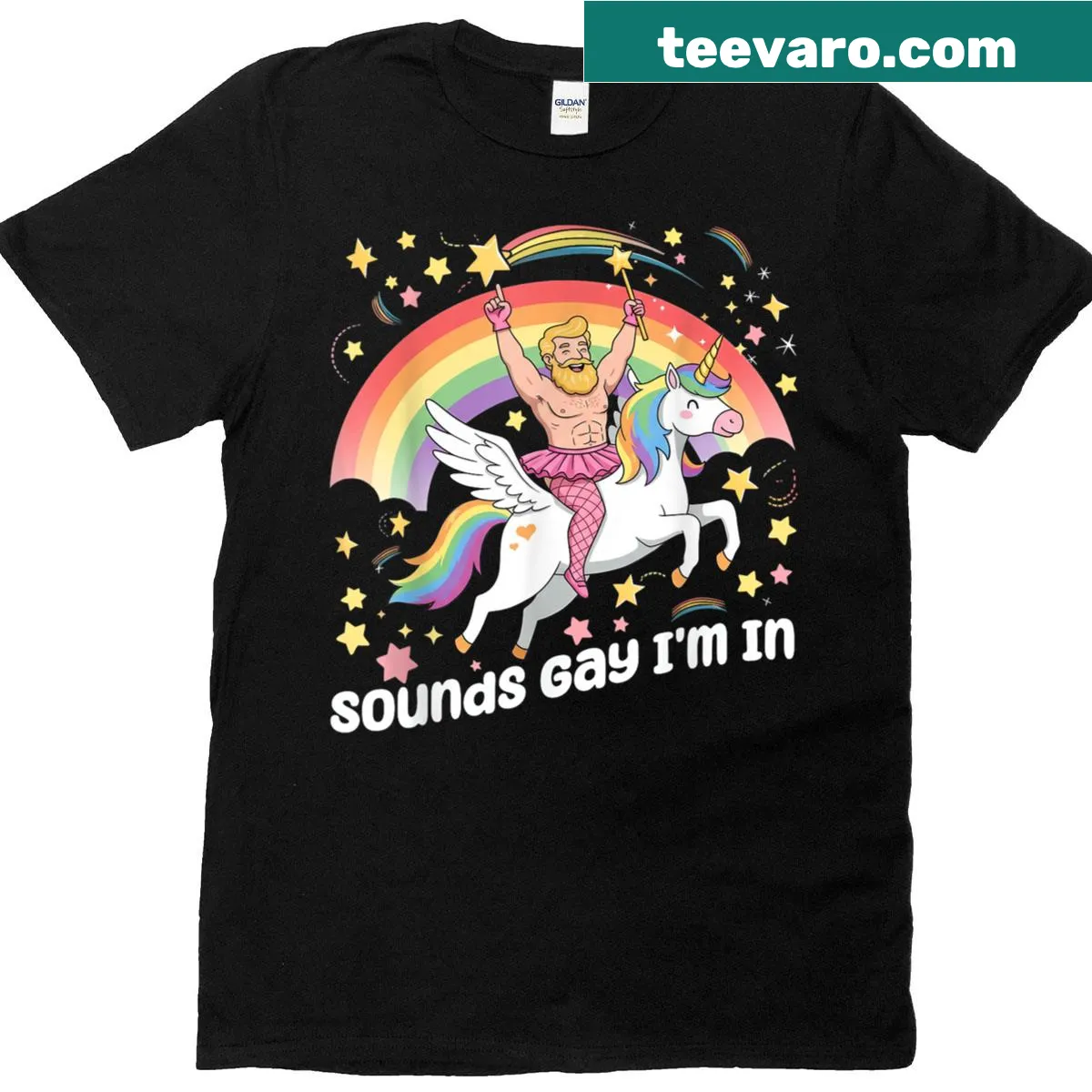 Rainbow unicorn graphic T-shirt with LGBTQ+ pride message — on a men's t-shirt