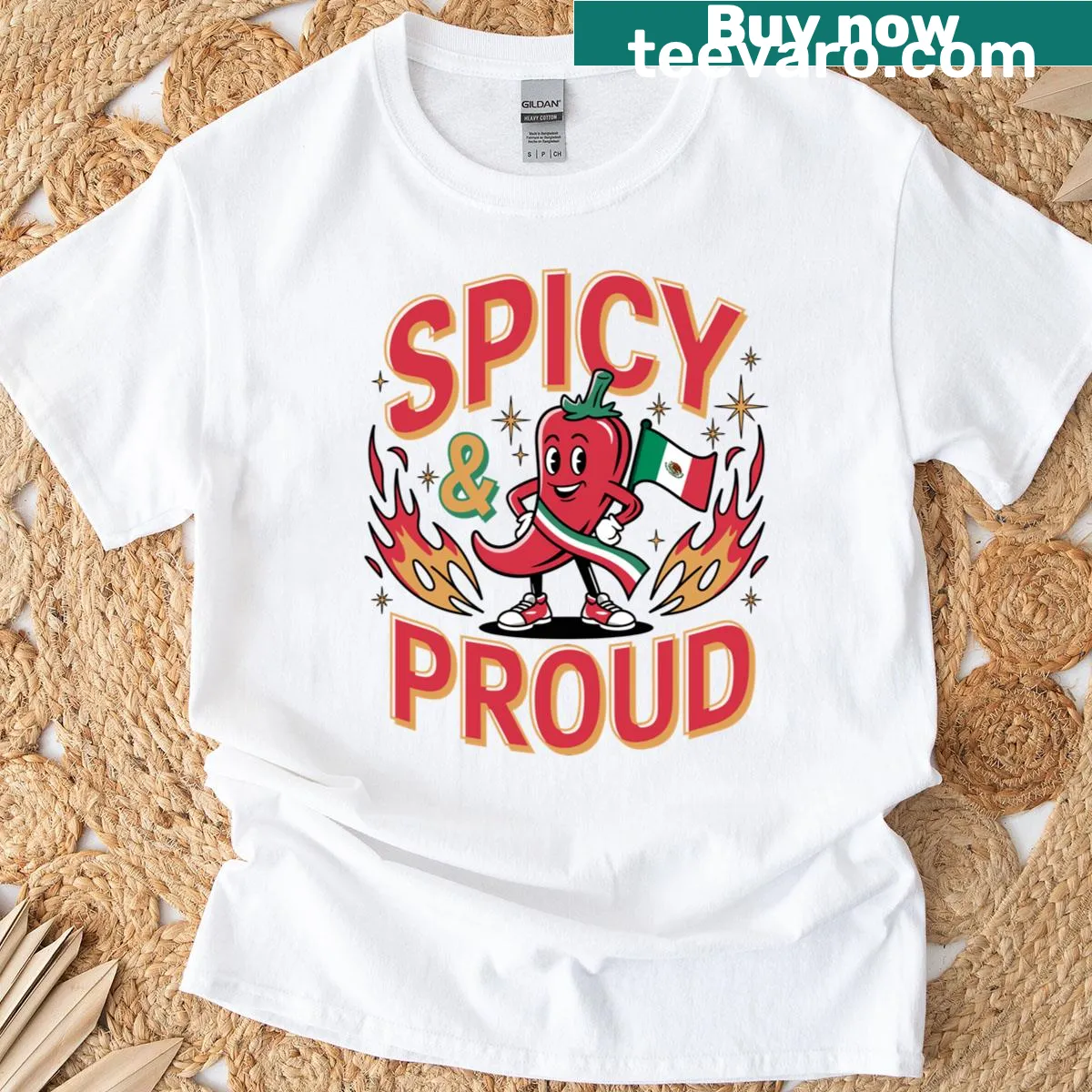 Cartoon T-shirt featuring a chili pepper with the Mexican flag — on a men's t-shirt