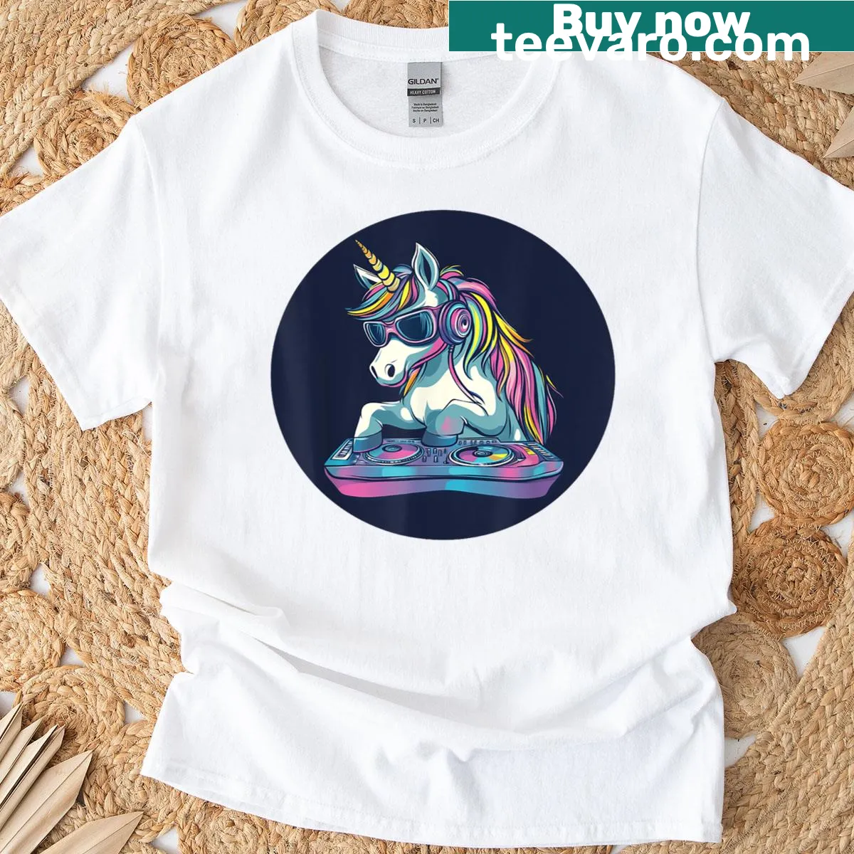 Funny DJ unicorn shirt with a cartoon unicorn spinning tunes — on a men's t-shirt