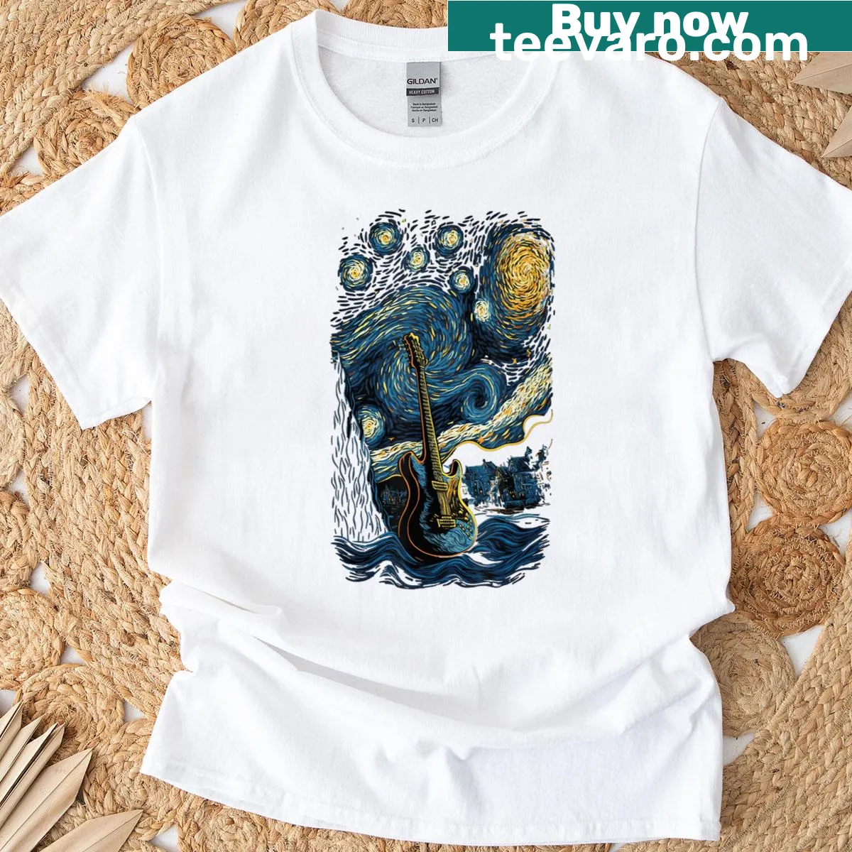 Illustrated guitar with starry background on T-shirt — on a men's t-shirt