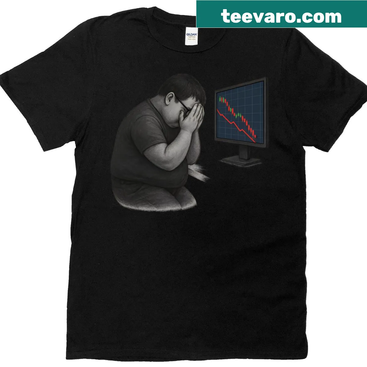 Oversized t-shirt showing sad nerd watching falling red candlesticks — on a men's t-shirt