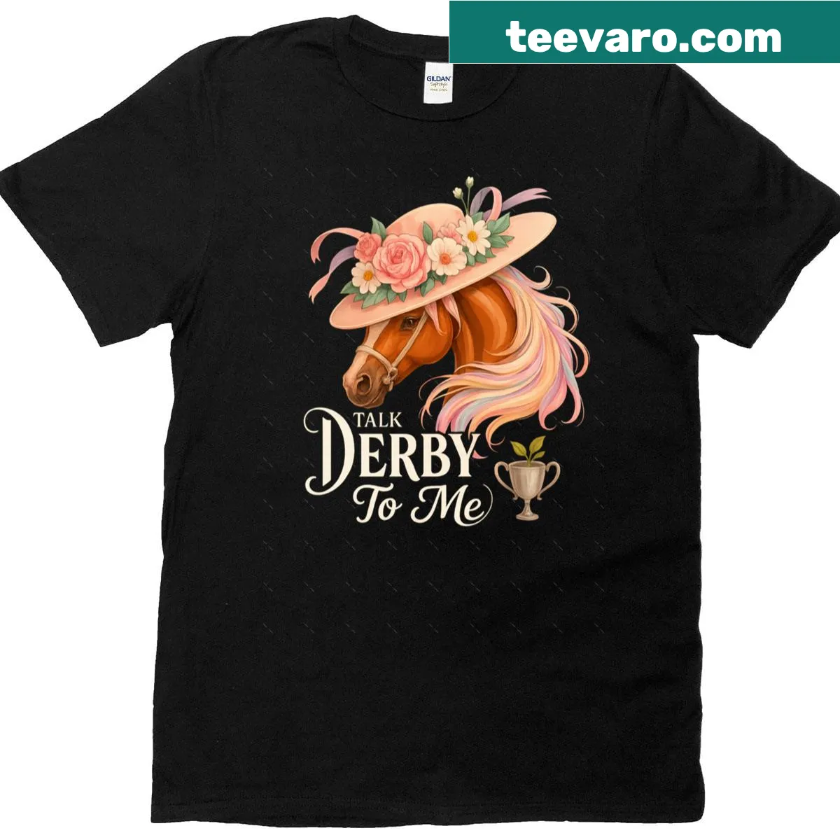 Floral horse racing T-shirt with funny text 'Talk Derby To Me' — on a men's t-shirt