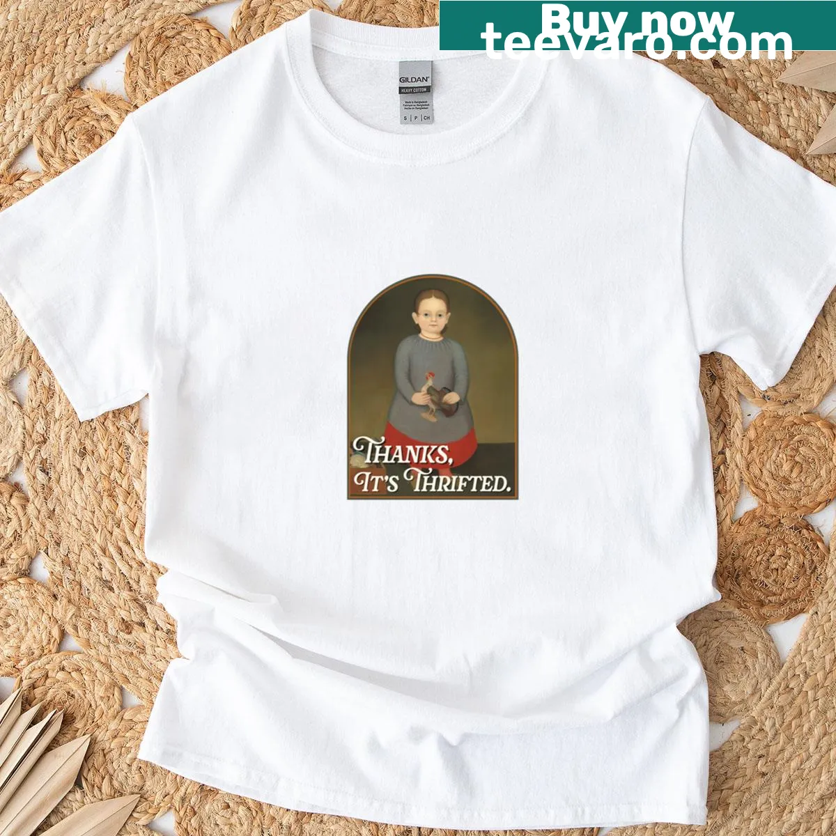 Thrift shopping themed shirt with chickens and roosters illustration — on a men's t-shirt