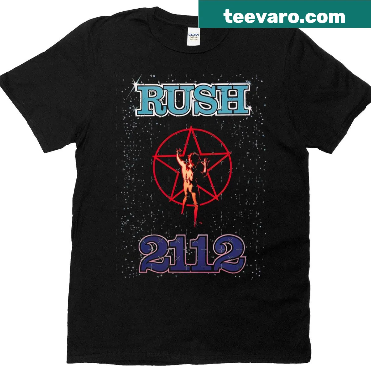 Rush band logo T-shirt featuring artwork from the album '2112' — on a men's t-shirt