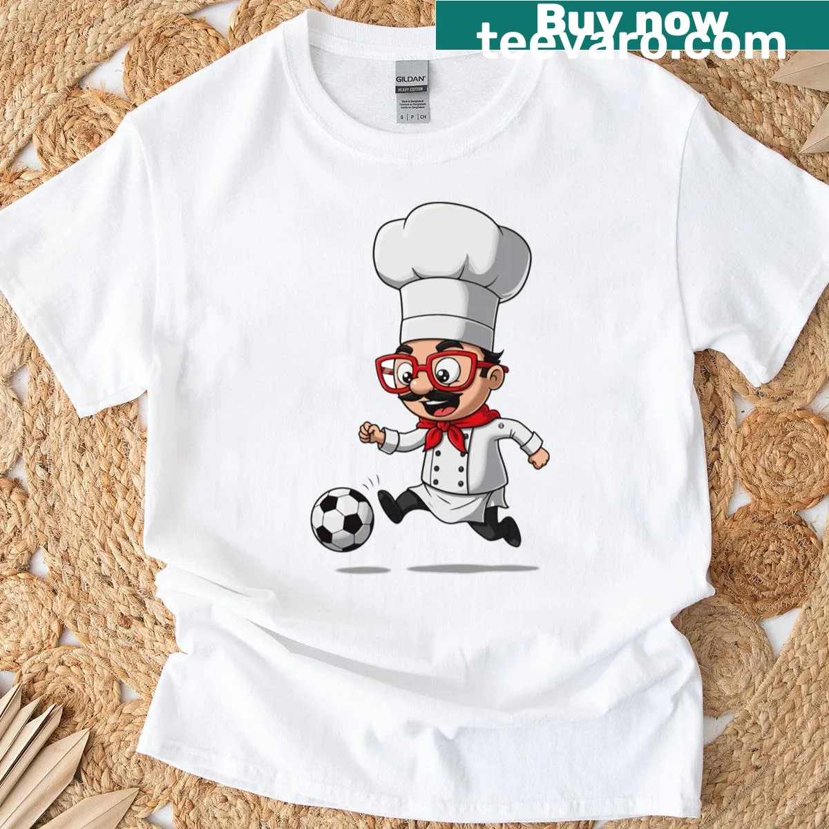 Illustration of a chef cooking with flavor graphic T-shirt — on a men's t-shirt