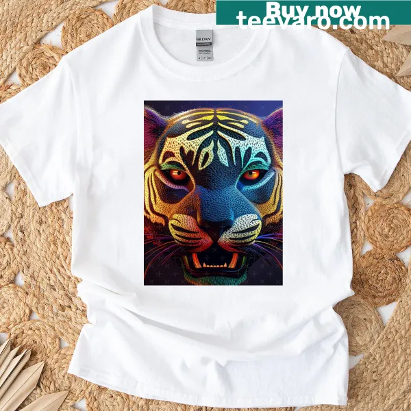 Cartoon tiger with a colorful mask on a t-shirt