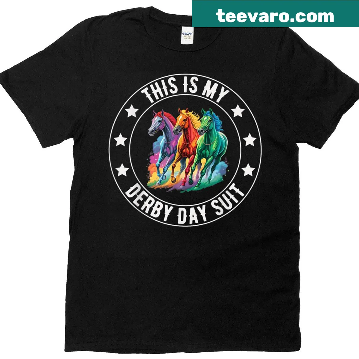 Funny horse racing t-shirt for Derby Day with rainbow design — on a men's t-shirt