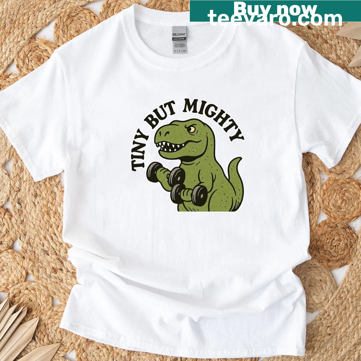 Cartoon weightlifting T-Rex t-shirt with inspirational text. — on a men's t-shirt