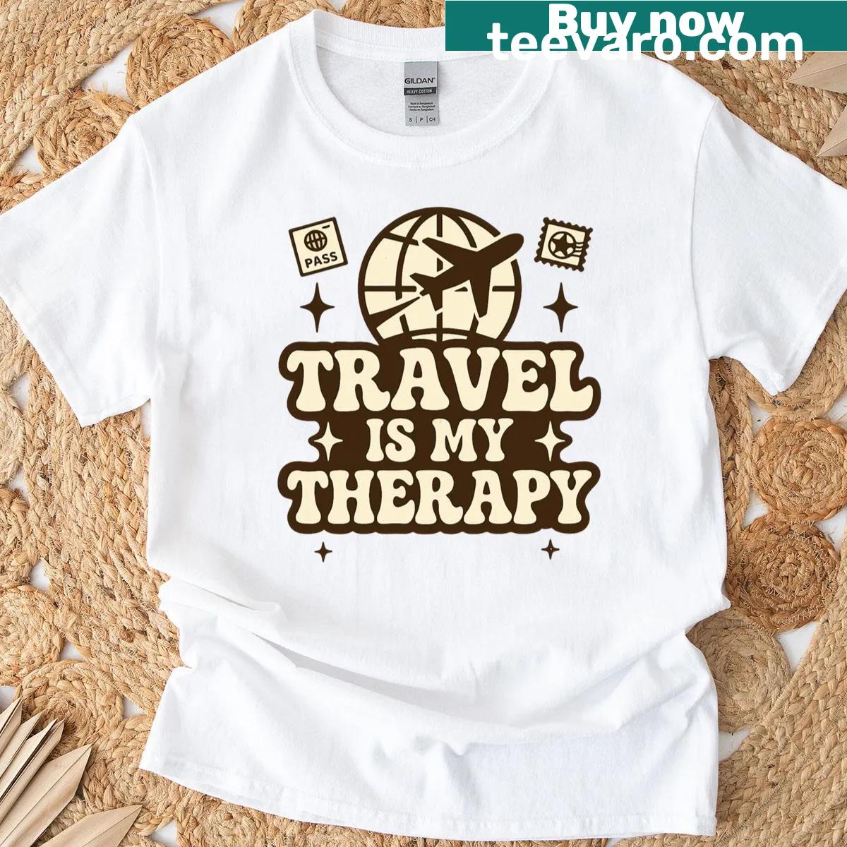 Typography t-shirt featuring 'Travel Is My Therapy' graphic. — on a men's t-shirt