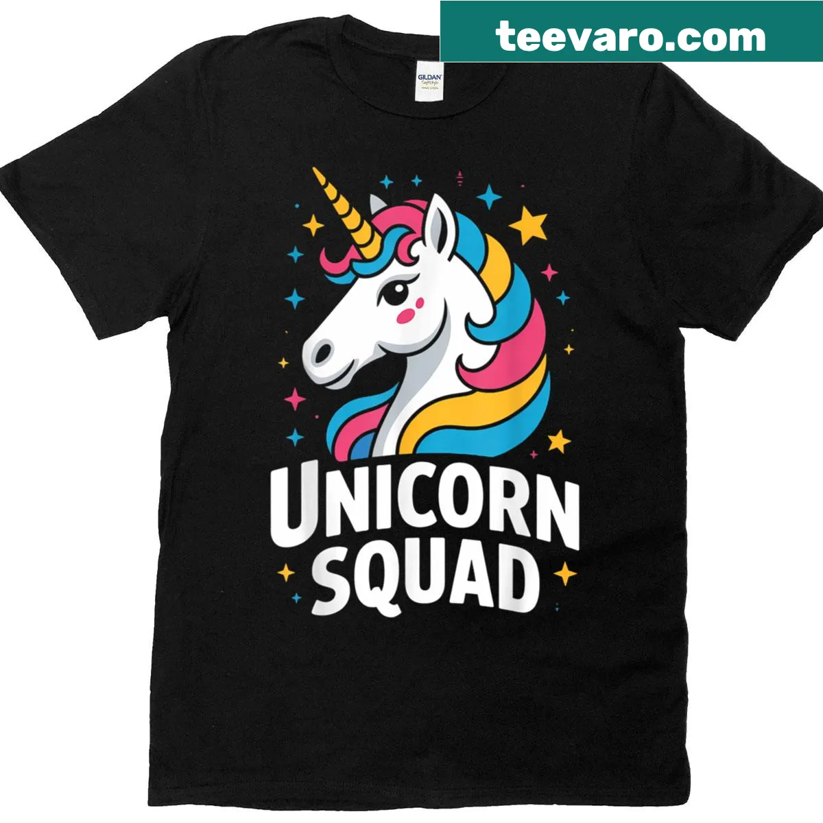 Illustration of cheerful unicorns on a t-shirt — on a men's t-shirt