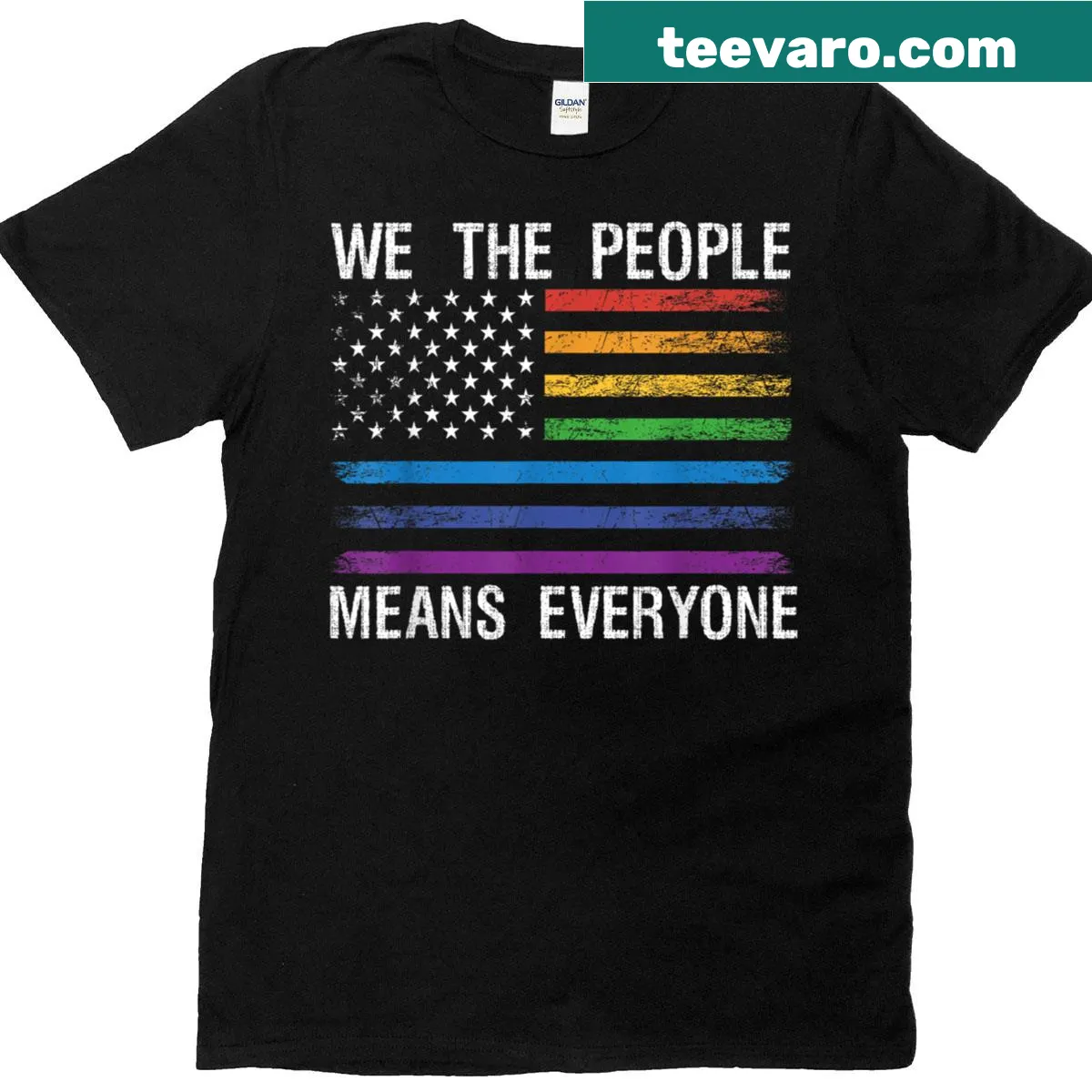 Rainbow text design saying 'We The People Means Everyone' on a T-shirt. — on a men's t-shirt