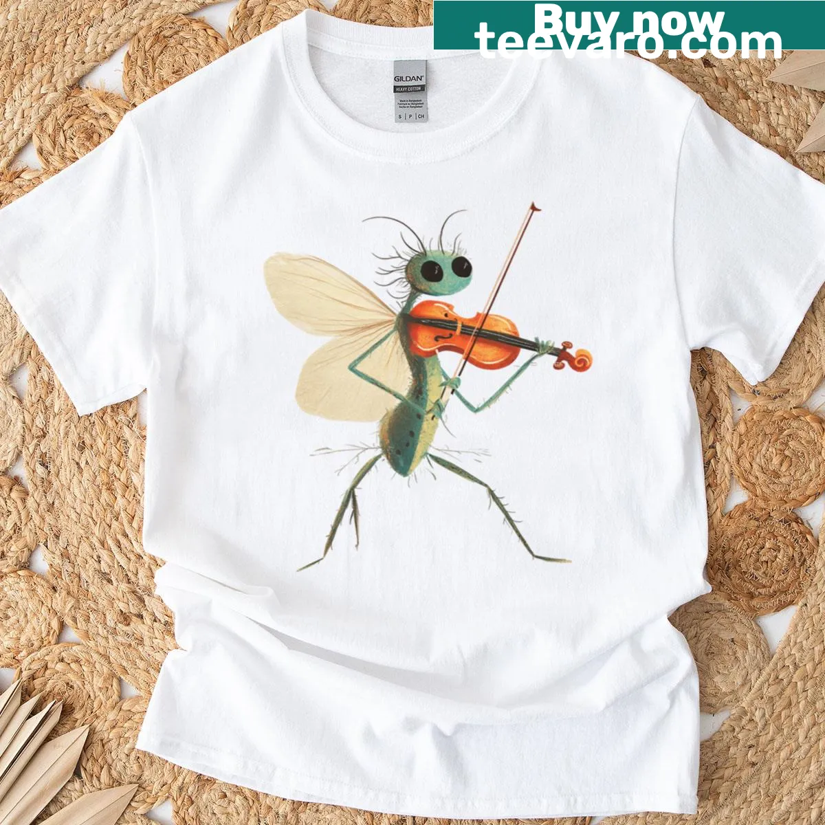 Whimsical mosquito playing violin graphic t-shirt — on a men's t-shirt