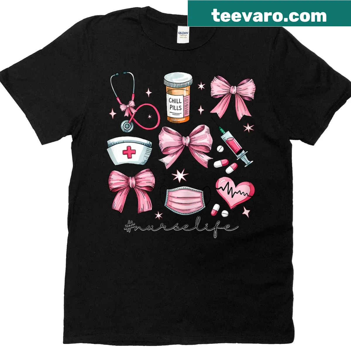Cute cartoon nurse design with pink bow for nurse life — on a men's t-shirt