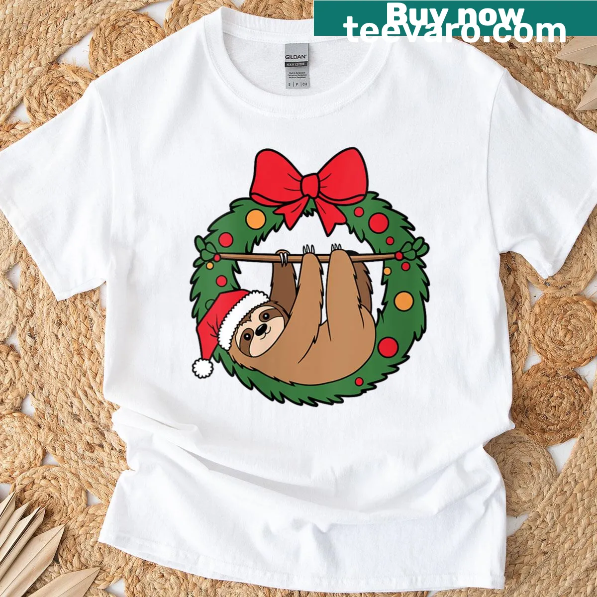 Cartoon sloth in a holiday wreath graphic on t-shirt — on a men's t-shirt