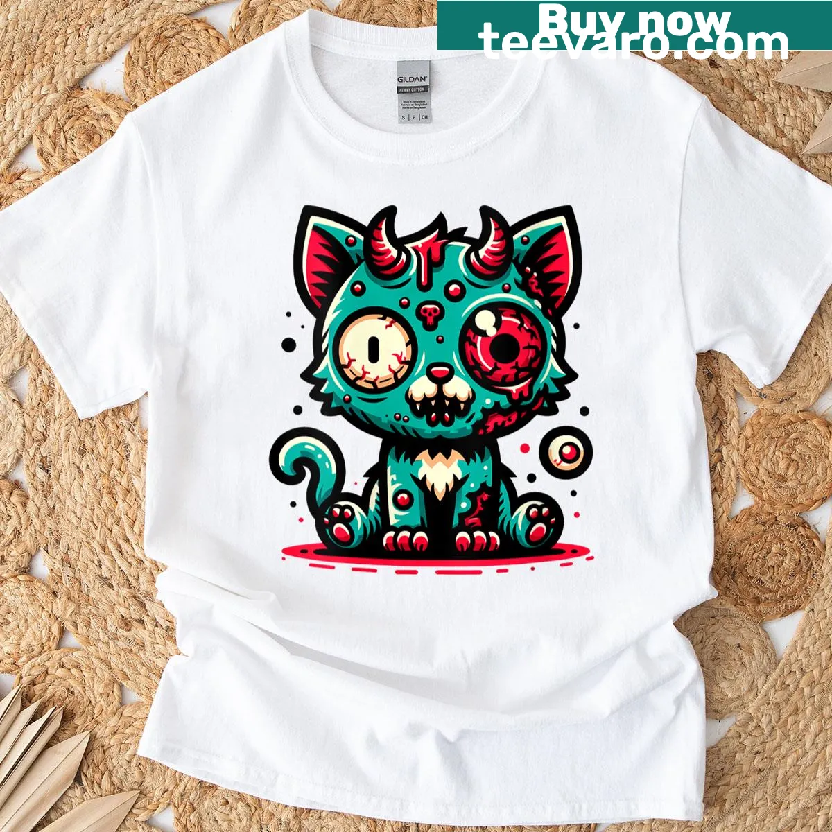 Cartoon zombie kitten T-shirt with cute horns and scars — on a men's t-shirt