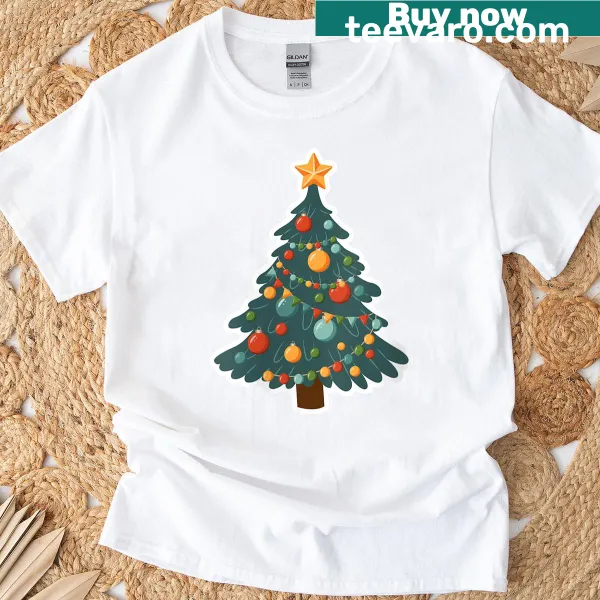 Cartoon T-shirt featuring a decorated Christmas tree