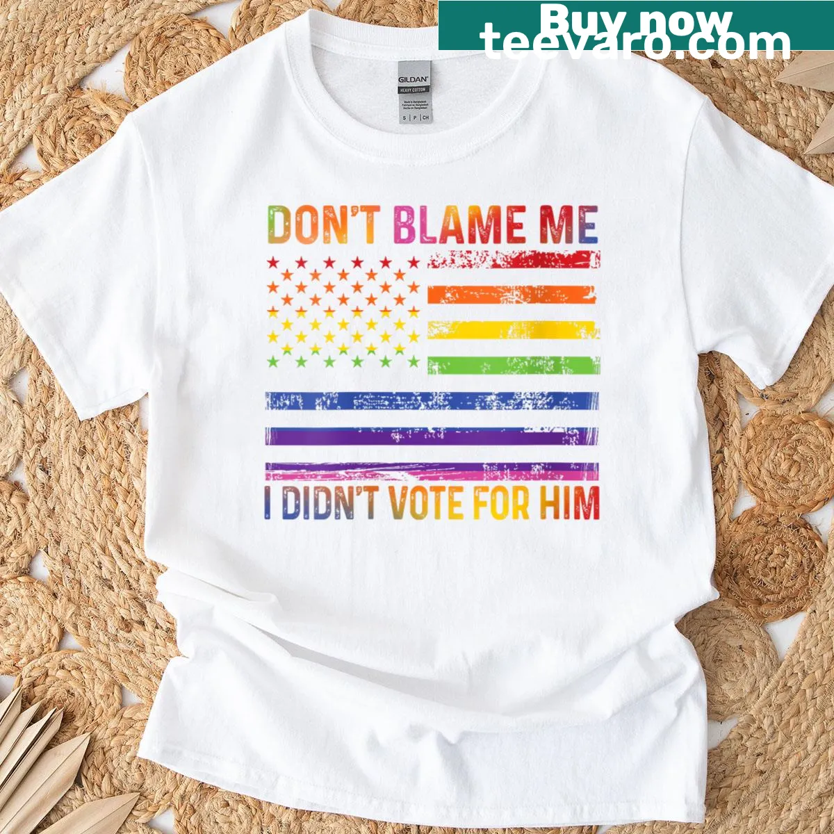 Sarcastic typography T-shirt with a political message in rainbow colors — on a men's t-shirt
