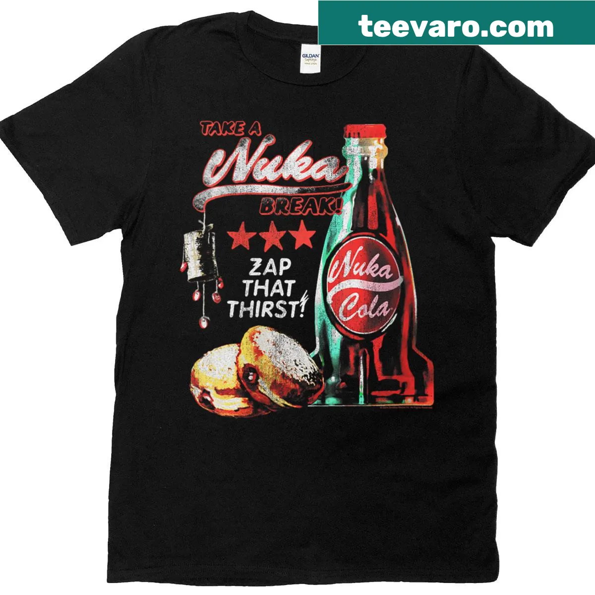 Funny Fallout-themed t-shirt featuring Nuka Cola design — on a men's t-shirt