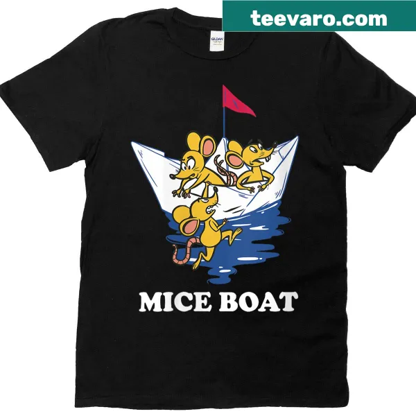 Cartoon T-shirt featuring three mice in a paper boat with a punny design