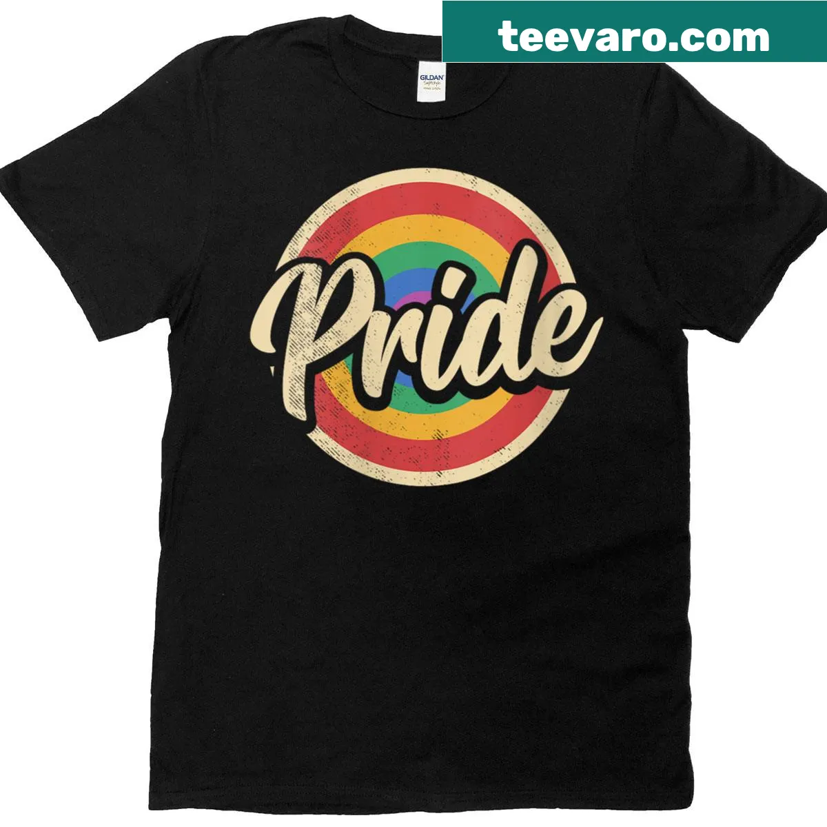 Vintage-style T-shirt featuring a retro rainbow circle for LGBT equality — on a men's t-shirt